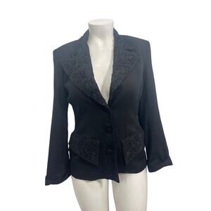 OREA Vintage Women Black Wool Blend Blazer With Embroidery Trim  Size 3